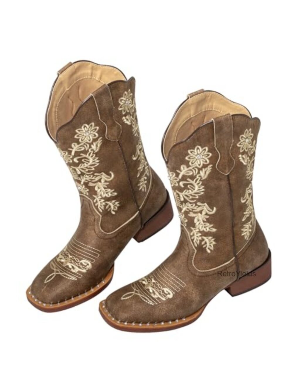 Rhinestone Square Toe Western Cowgirl Boots Faux Leather Mid-Calf